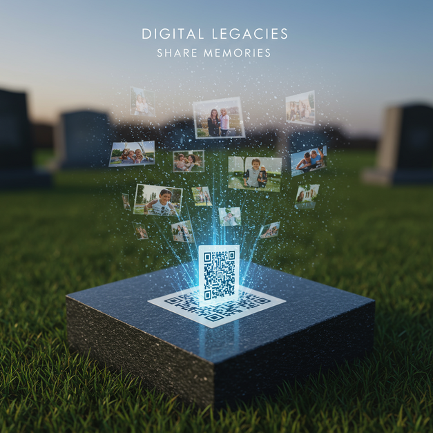 Modern grave marker with QR code projecting holographic family photos and videos, illustrating digital legacies at the grave.