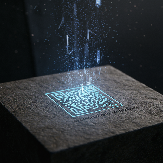 Weathered stone plaque with 'Gravestone QR: Digital Memorial' text and a glowing gravestone QR code, data streaming upwards.