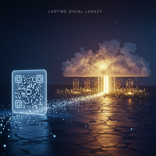 Serene digital landscape with glowing QR code, 'Lasting Digital Legacy' text, and a digital garden of memories.