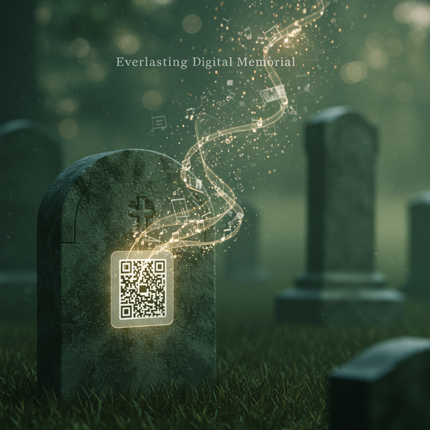 Weathered gravestone with a glowing QR code, from which ethereal data streams rise, displaying 'Everlasting Digital Memorial'.