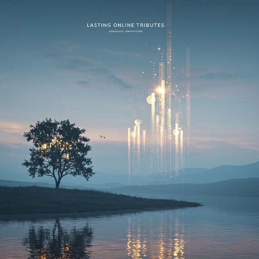 Abstract digital art featuring 'Lasting Online Tributes' over a serene landscape, data streams symbolizing preserved digital memories.