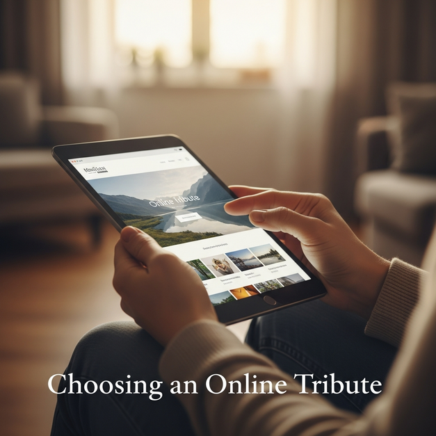 Gentle hands holding a tablet, compassionately choosing an online tribute platform in a serene, warm setting.