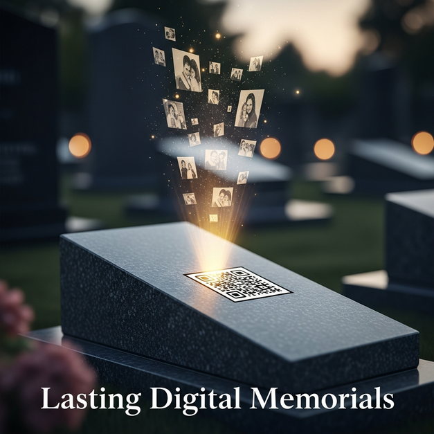 A modern QR code headstone projecting a glowing digital memorial of family photos at dusk.