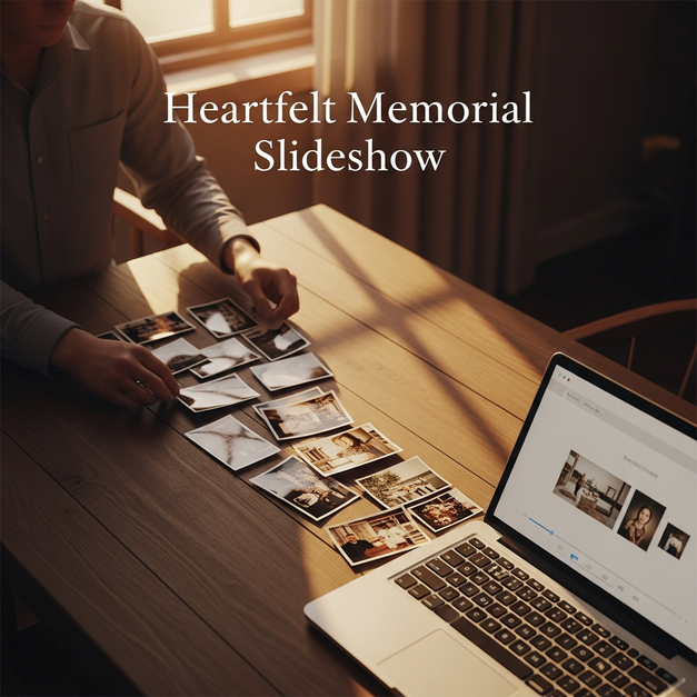 Vintage photos arranged on a table leading to a laptop to create a heartfelt memorial slideshow.