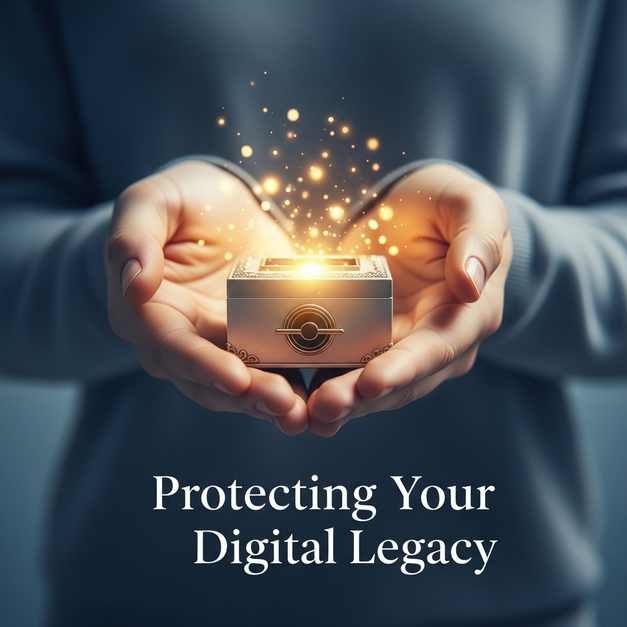 Caring hands holding a glowing digital safe box, protecting a loved one's digital legacy.