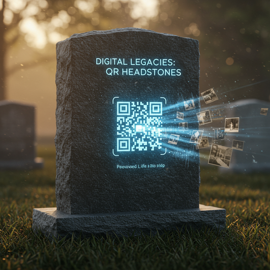 Dignified granite headstone with a glowing QR code and 'Digital Legacies: QR Headstones' text, showing digital memories flowing to preserve legacies.