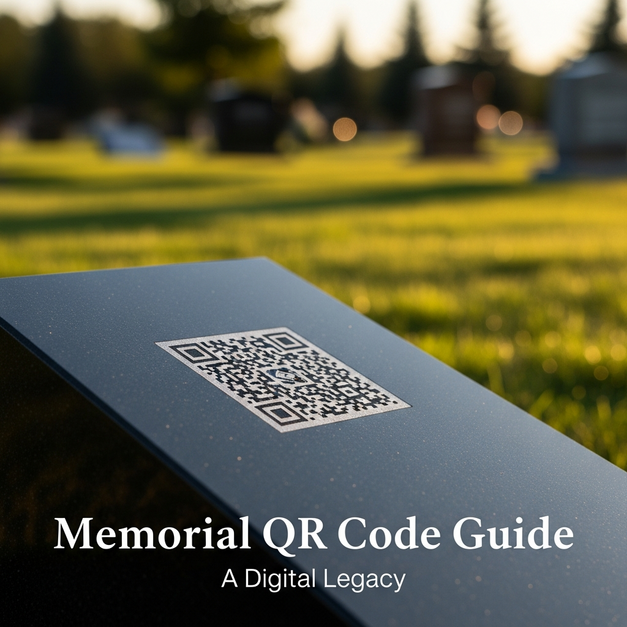 A close-up of a memorial QR code on a granite headstone, illustrating a guide to digital legacies.