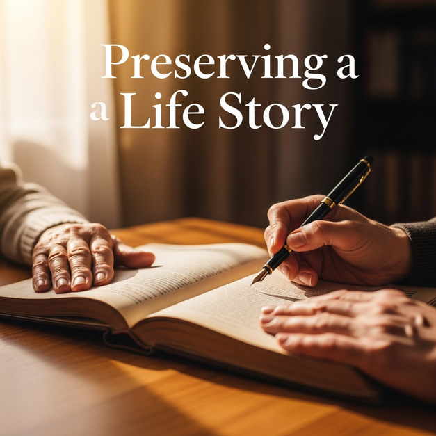 Younger hand holding a pen to record an elder's life story in a book, with the elder's hand resting on the page.