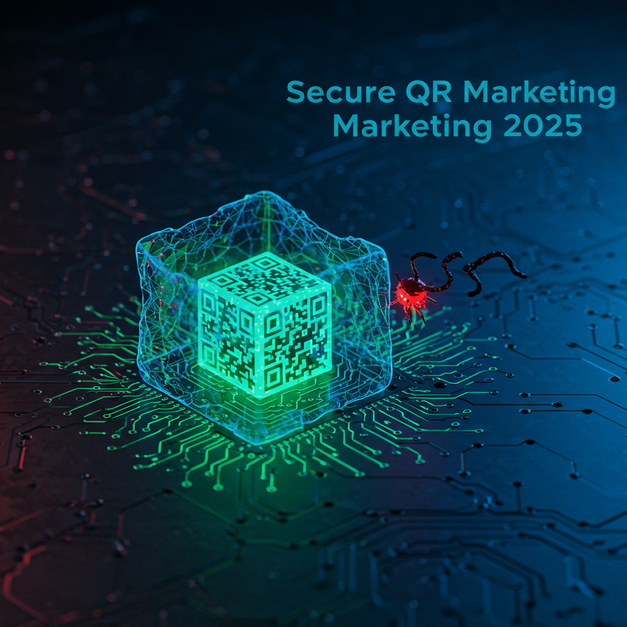 Glowing dynamic QR code marketing with a digital security shield deflecting a quishing threat, text 'Secure QR Marketing 2025'.
