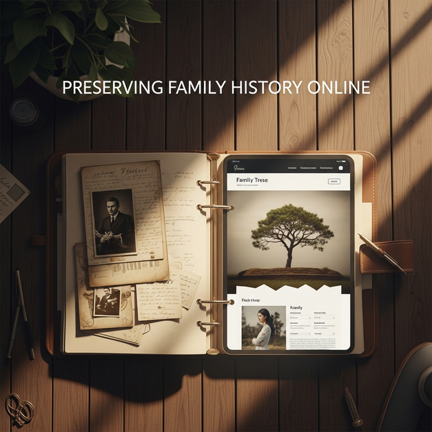A scrapbook with old photos transforms into a tablet displaying a family tree, for a guide on preserving family history online.