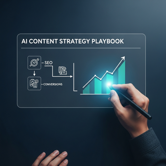 Hand with a stylus mapping out a results-driven AI content strategy flowchart on a digital screen.