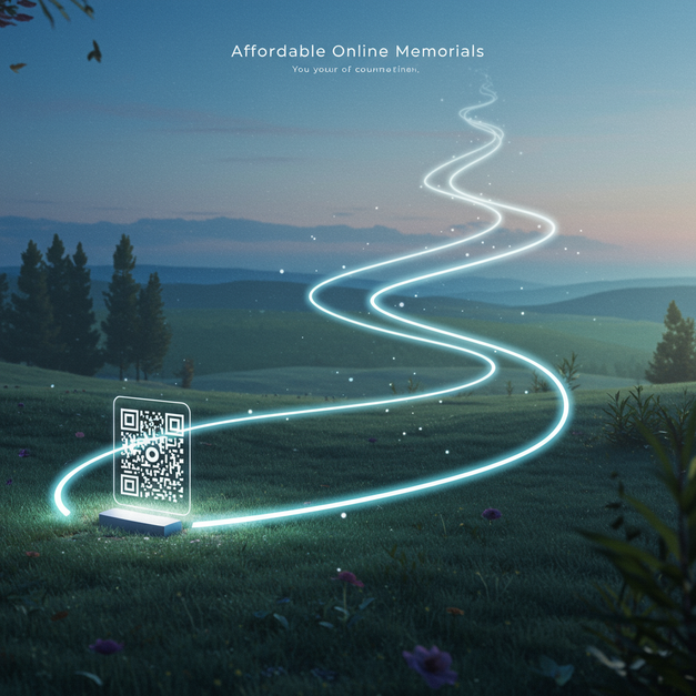 Serene digital illustration of a landscape with a glowing QR code and light trails, displaying 'Affordable Online Memorials'.