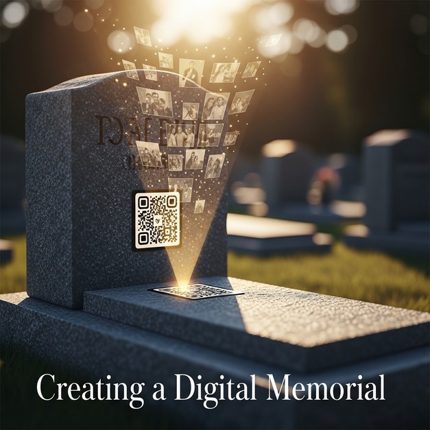 A headstone QR code projecting a beautiful digital memorial of life moments in a sunlit cemetery.