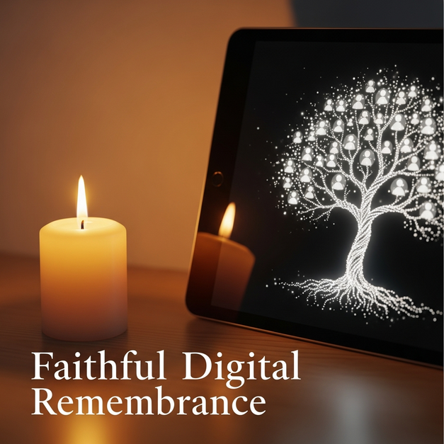 A flickering candle beside a tablet showing a glowing tree of life for a faith-based online memorial.