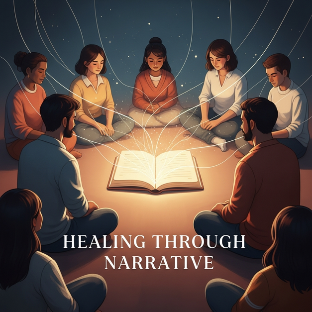 A diverse grief community connected by light from a shared journal, illustrating healing through narrative.