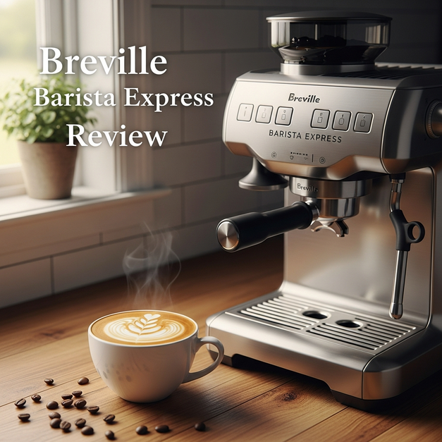 Breville Barista Express review featuring the espresso machine and a perfect latte on a sunlit kitchen counter.