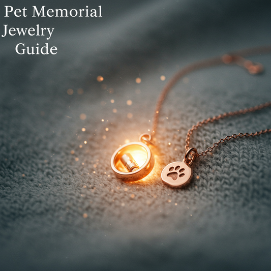 Delicate pet memorial jewelry on soft fabric, with "Pet Memorial Jewelry Guide" text, symbolizing lasting comfort and connection.