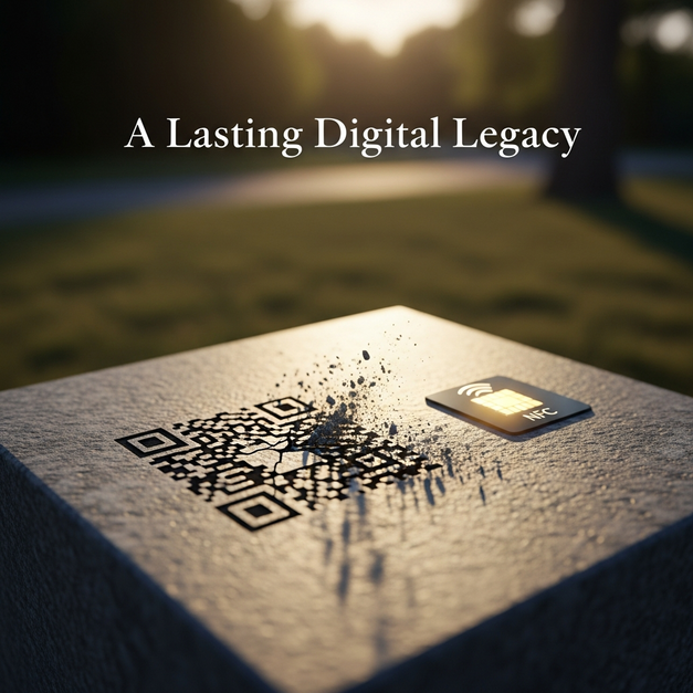 A granite digital memorial stone with a cracking QR code and a glowing NFC chip, symbolizing a lasting legacy.