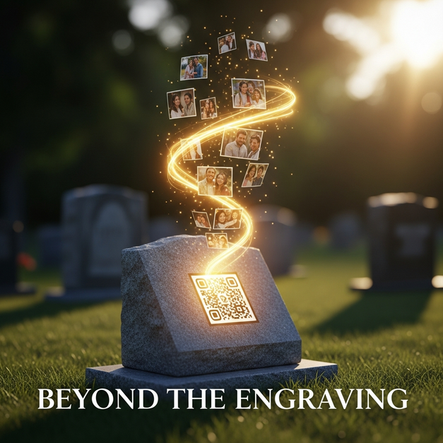 A headstone with a QR code linking to an online memorial, with glowing memories rising from the stone.