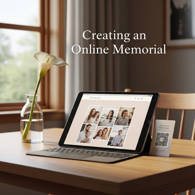 A tablet used to create an online memorial, resting peacefully on a table with a white lily and a QR code.