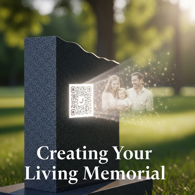 A granite headstone with a QR code emanating a glowing family memory, creating a living memorial.