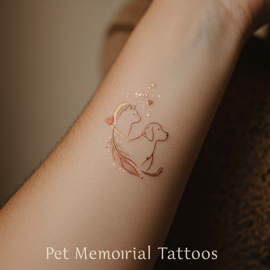 Delicate pet memorial tattoo on an arm, with a minimalist pet silhouette and infinity symbol. Text 'Pet Memorial Tattoos'.
