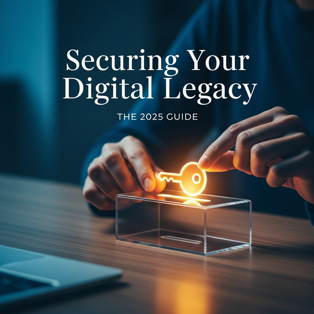 A person's hands secure a digital legacy by placing a glowing holographic key into a sleek, transparent lockbox.