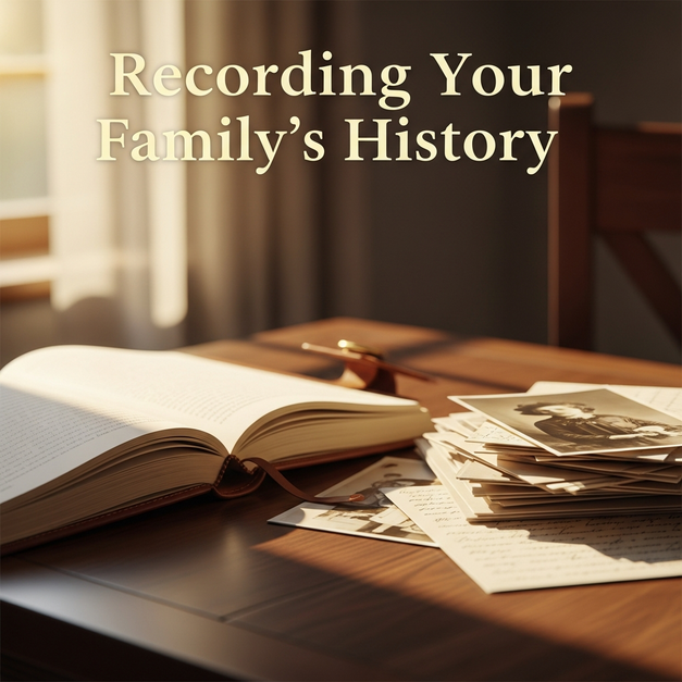An open journal on a wood table with vintage photos, ready for recording your family's history.