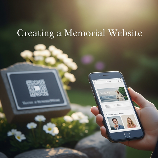 Person using a smartphone to create a meaningful memorial website, with a QR code plaque in a garden.