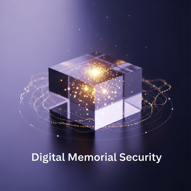 A glowing crystalline box of cherished memories, protected by a data shield, representing digital memorial security.