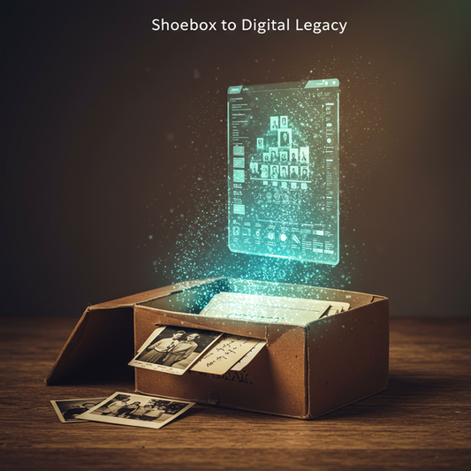 An antique shoebox with old photos transforms into a glowing living digital memorial display.