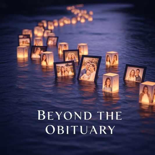 A serene river with glowing photo frames creating a luminous online memorial timeline for families at twilight.