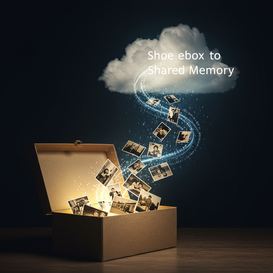 Vintage shoebox with sepia photos turning into digital streams and a glowing cloud, with 'Shoebox to Shared Memory' text, for memorial photos.