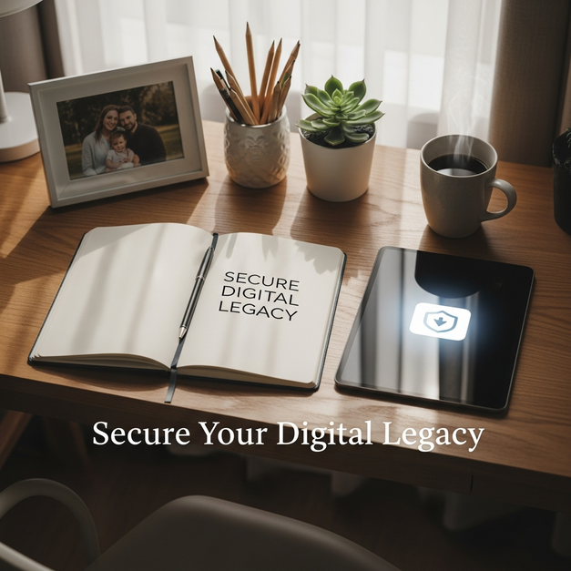 A desk with a notebook for pre-planning a digital legacy, next to a tablet and a warm family photo.