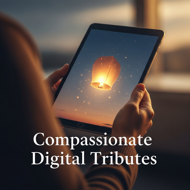 Hands hold a tablet showing a glowing lantern, a compassionate digital tribute for a funeral live stream.