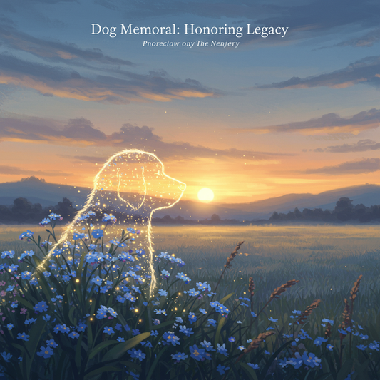 Glowing forget-me-nots form a dog silhouette, with 'Dog Memorial: Honoring Legacy,' honoring beloved companion's memory.
