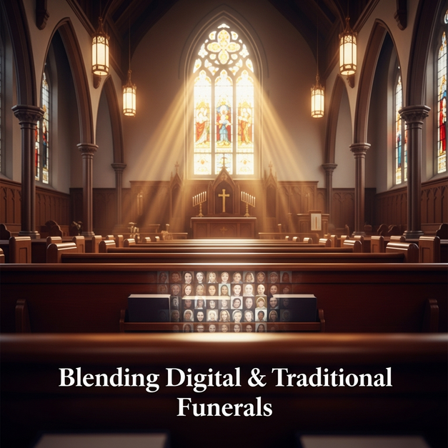 A digital memorial of smiling faces formed by light on a church pew, blending with a traditional church funeral setting.