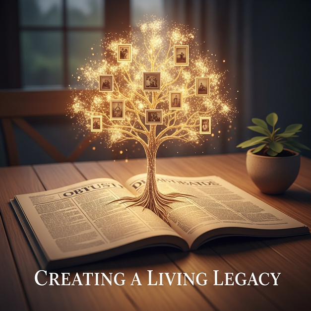 A digital tree of light with photo memories grows from an obituary, symbolizing modern obituary alternatives and a living legacy.