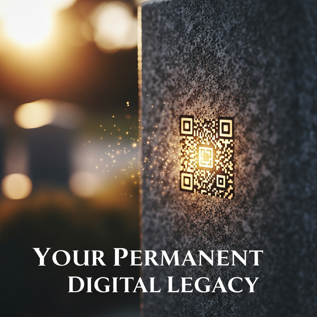 A glowing QR code on a granite monument at sunset, creating a permanent digital legacy.