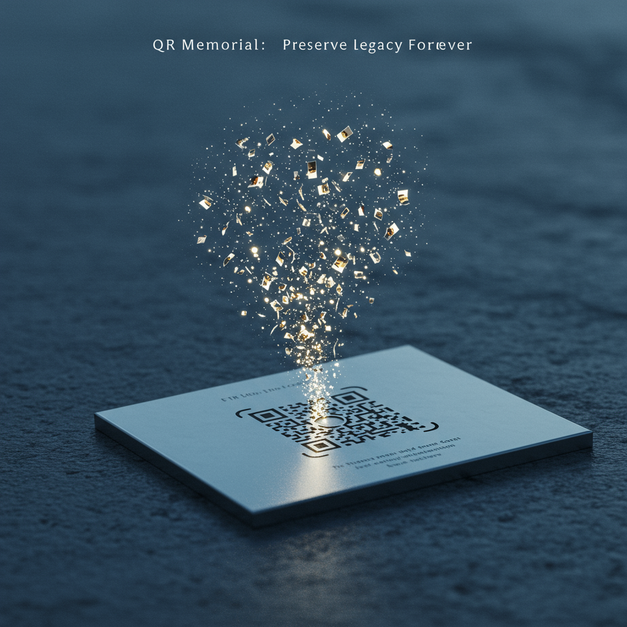 Modern QR memorial plaque with a glowing QR code forming a digital memory cloud, preserving legacy.