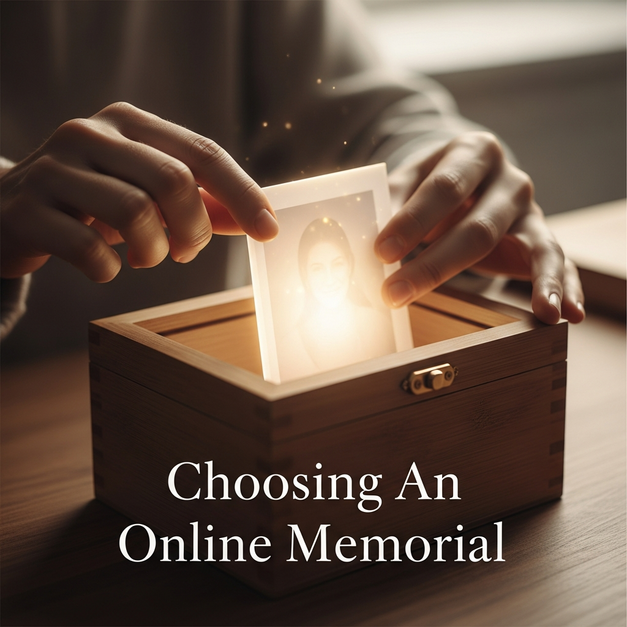 Hands place a glowing photo into a secure wooden box, representing choosing an online memorial platform for a lasting legacy.