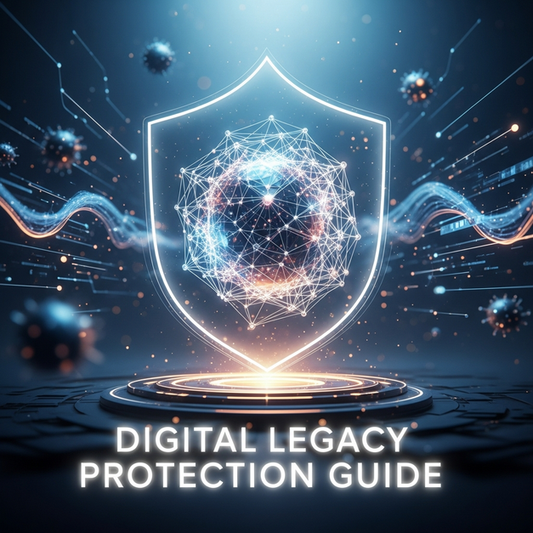 Glowing digital legacy network secured by a futuristic shield, protecting from modern threats. Text: Digital Legacy Protection Guide.