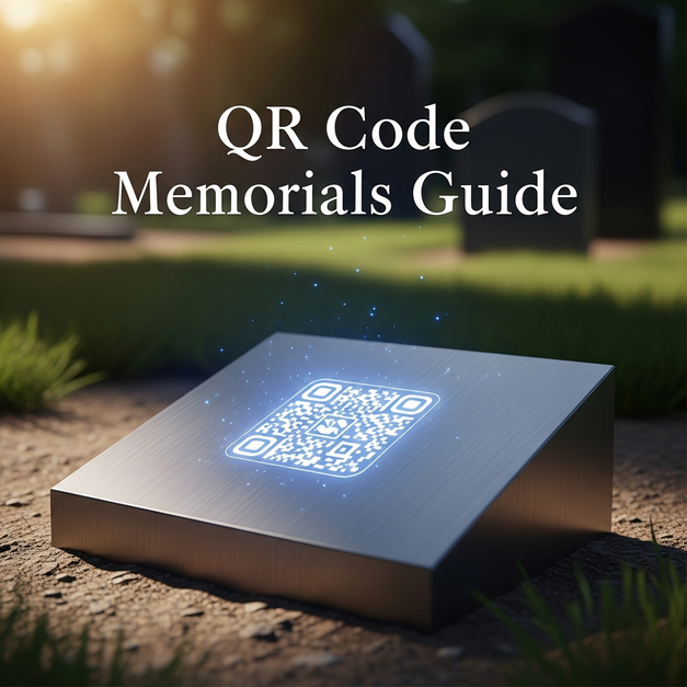 Elegant memorial plaque with a glowing QR code in a serene garden, symbolizing the lasting digital legacy of QR code memorials.