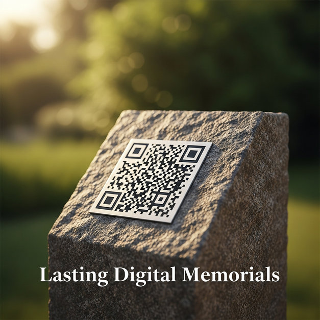 An elegant QR code on a granite memorial stone creating a lasting digital memorial in a peaceful garden.