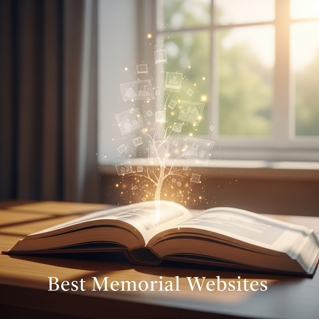 A photo album's memories transition into a digital tree of light, symbolizing the best memorial websites.