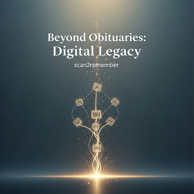 Digital art of ethereal light forming memories, with 'Beyond Obituaries: Digital Legacy' and 'scan2remember' for a lasting digital memorial.