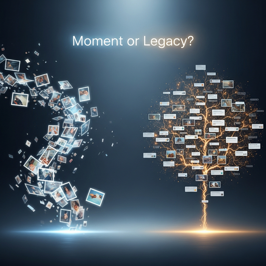 Digital art contrasting a luminous memorial slideshow with an intricate interactive timeline for a lasting legacy.