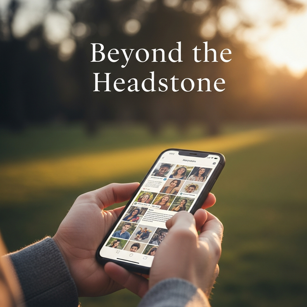 Hands holding a smartphone displaying an online memorial, a peaceful alternative to a headstone, in a sunlit park.