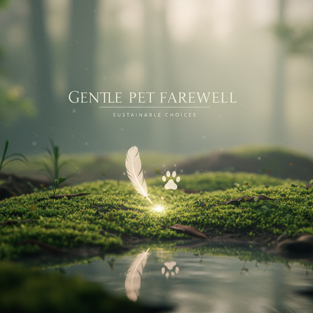 Gentle pet farewell: Ethereal painting of a feather dissolving into moss and water. Text: 'Gentle Pet Farewell' and 'Sustainable Choices'.