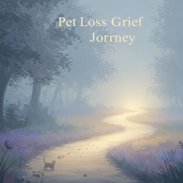 Serene digital painting of a winding path symbolizing pet loss grief and healing, with a fading paw print and golden light, text "Pet Loss Grief Journey".